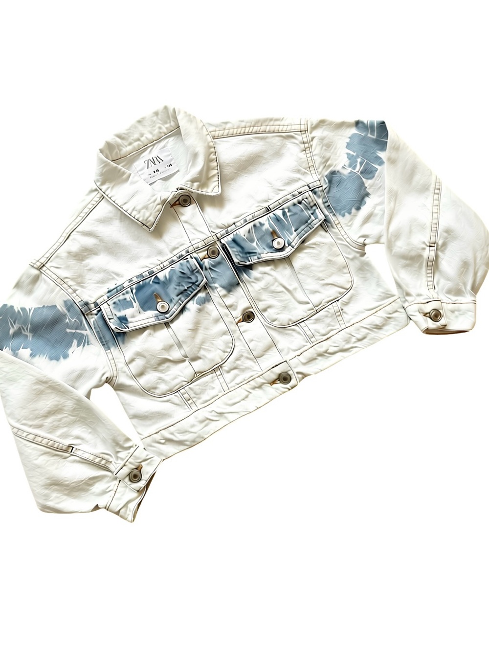 Zara White Distressed TieDye Cropped Denim Jean Jacket Buttons Pockets Size 9/10